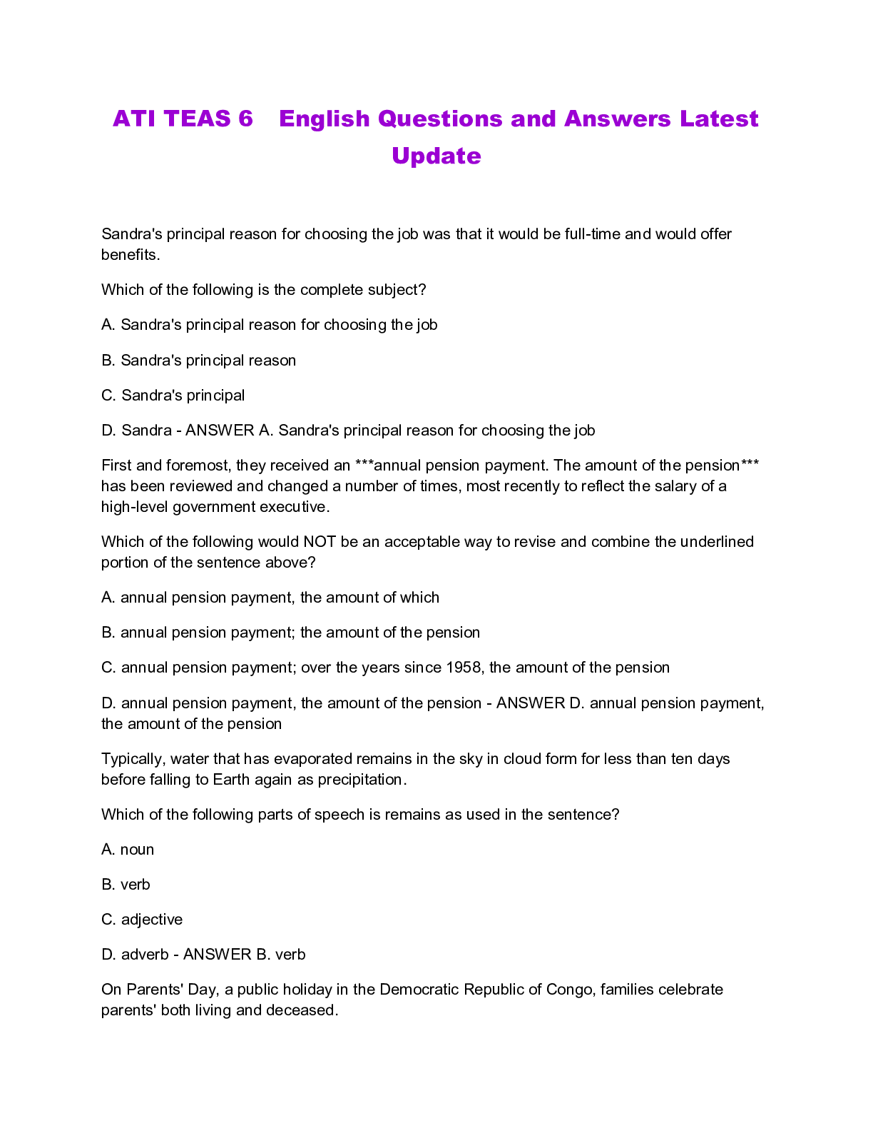 Preview image for ATI TEAS 6 English Questions and Answers Latest Update